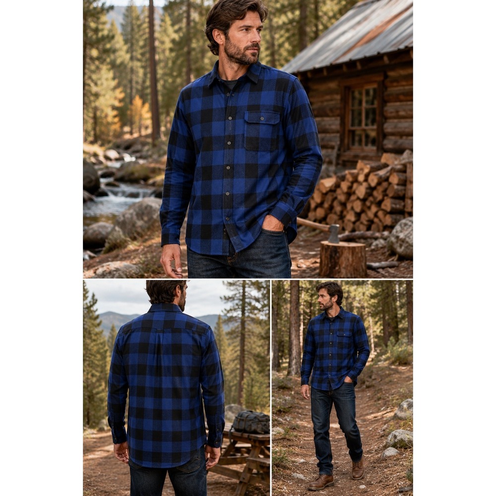 Old Mill Men's L Blue Black Buffalo Plaid Flannel Shirt Button Up Workwear